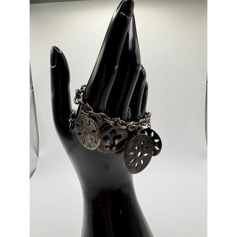 Express Large Gunmetal Silver Chain Charm Bracelet Fleur De Lis Medallion